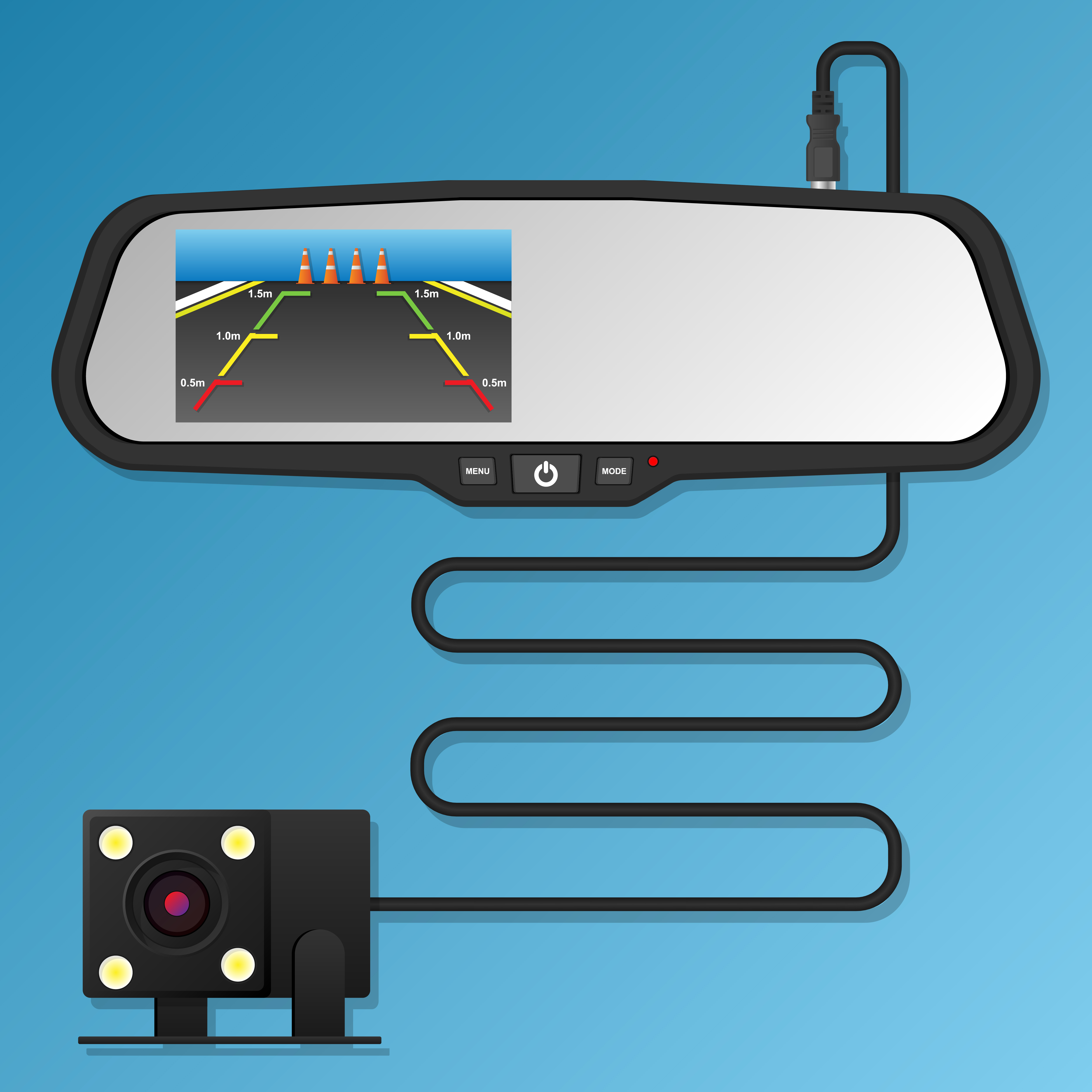 espejo retrovisor con la cámara trasera, la dashcam y la pantalla